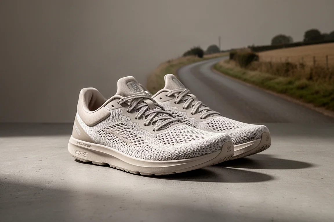 Pair of zero-drop road running shoes on a concrete surface