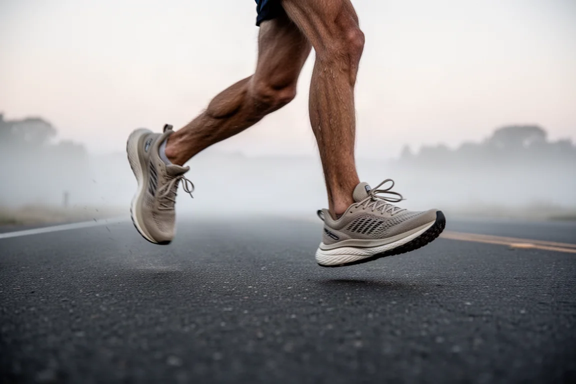 Runner logging easy miles on a quiet paved road in soft morning light