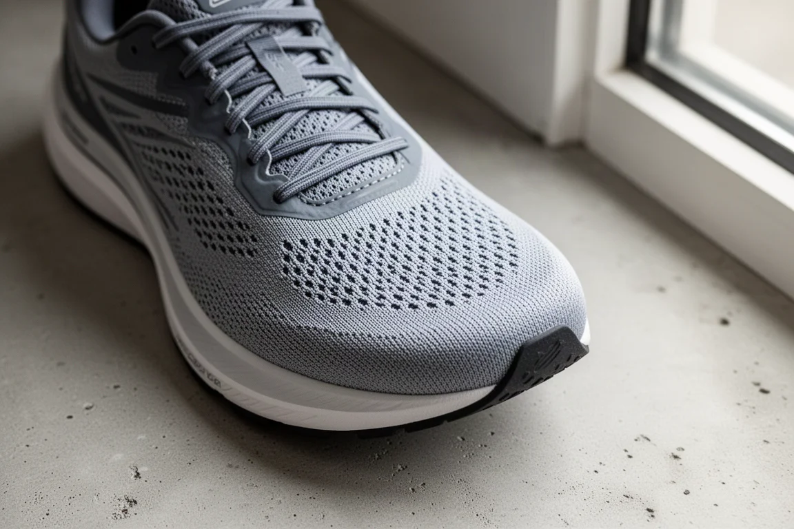 Close-up of a wide, foot-shaped running shoe toe box with room for toe splay