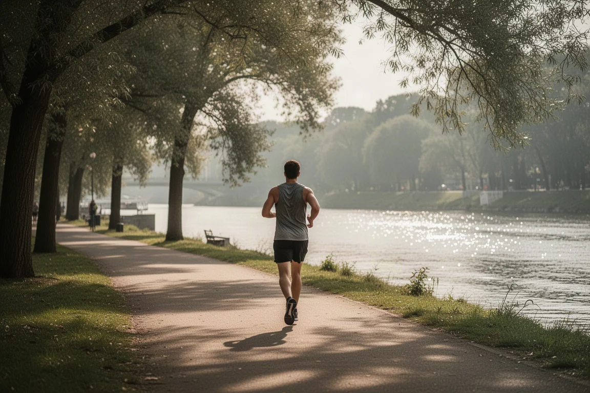 Runner cruising along a riverside path on an easy recovery run