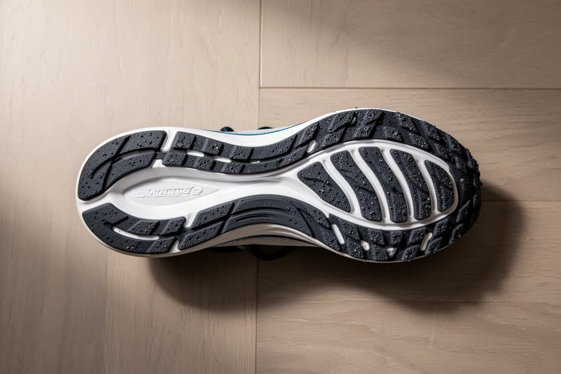 Outsole of a running shoe showing rubber coverage and flex grooves on wooden floor