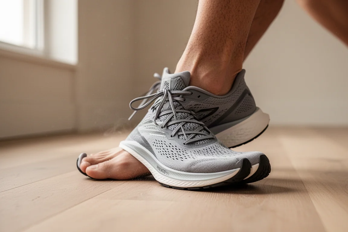 Läufer schlüpft in einen geräumigen fußförmigen Laufschuh auf einem Holzboden
