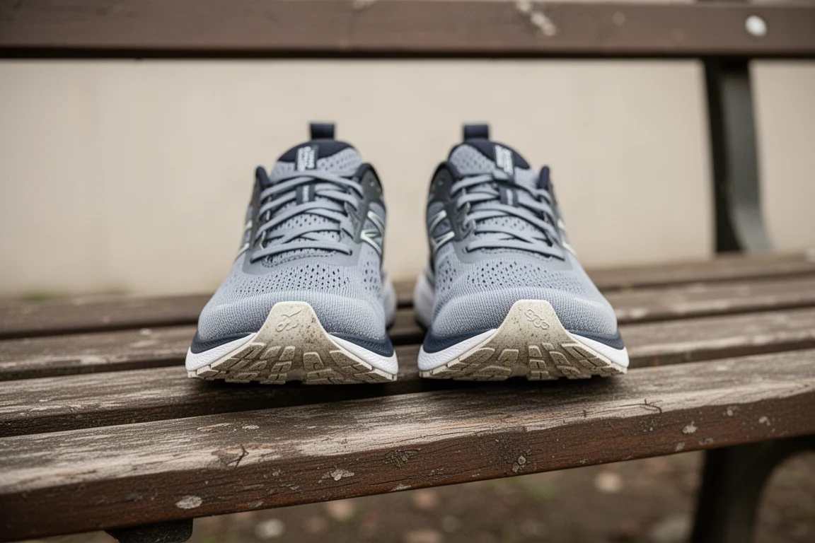 Zwei Laufschuhe nebeneinander auf einer Parkbank nach einer Trainingseinheit