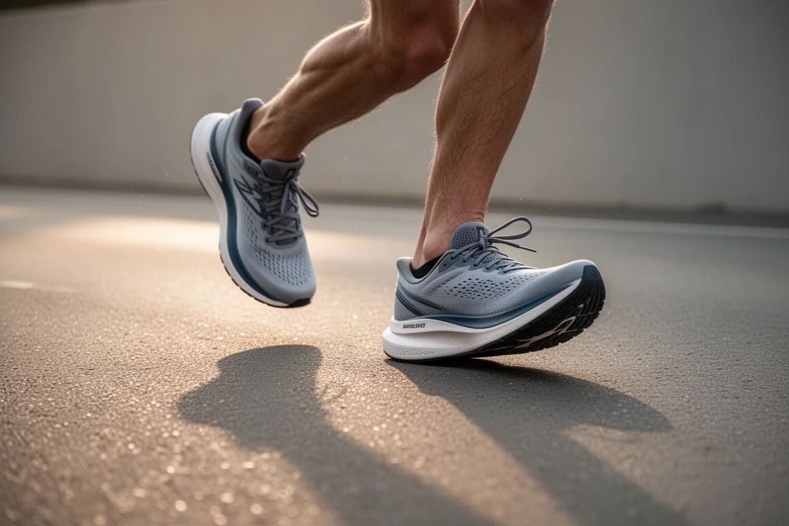 I piedi di un runner a metà del passo su asfalto liscio nella luce soffusa della sera