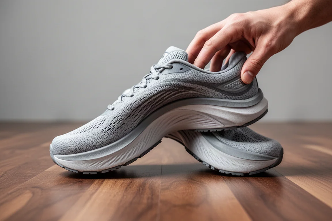 La midsole flessibile viene premuta su un pavimento di legno in studio