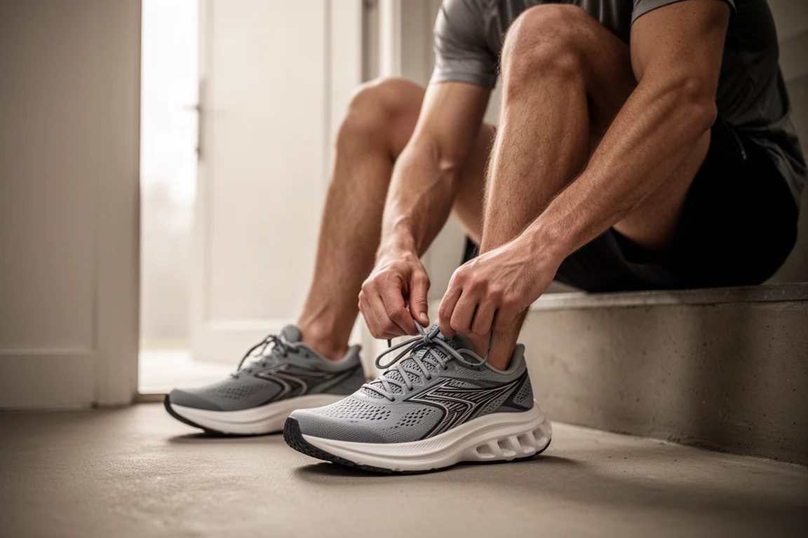 Runner lacing up a pair of wide toe box road running shoes at a doorway before an early morning run