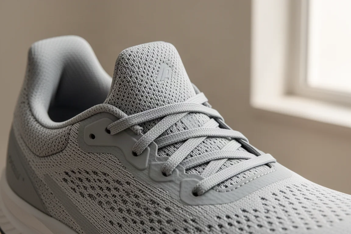 Close-up of a breathable mesh running shoe upper showing the padded ankle collar and flat laces