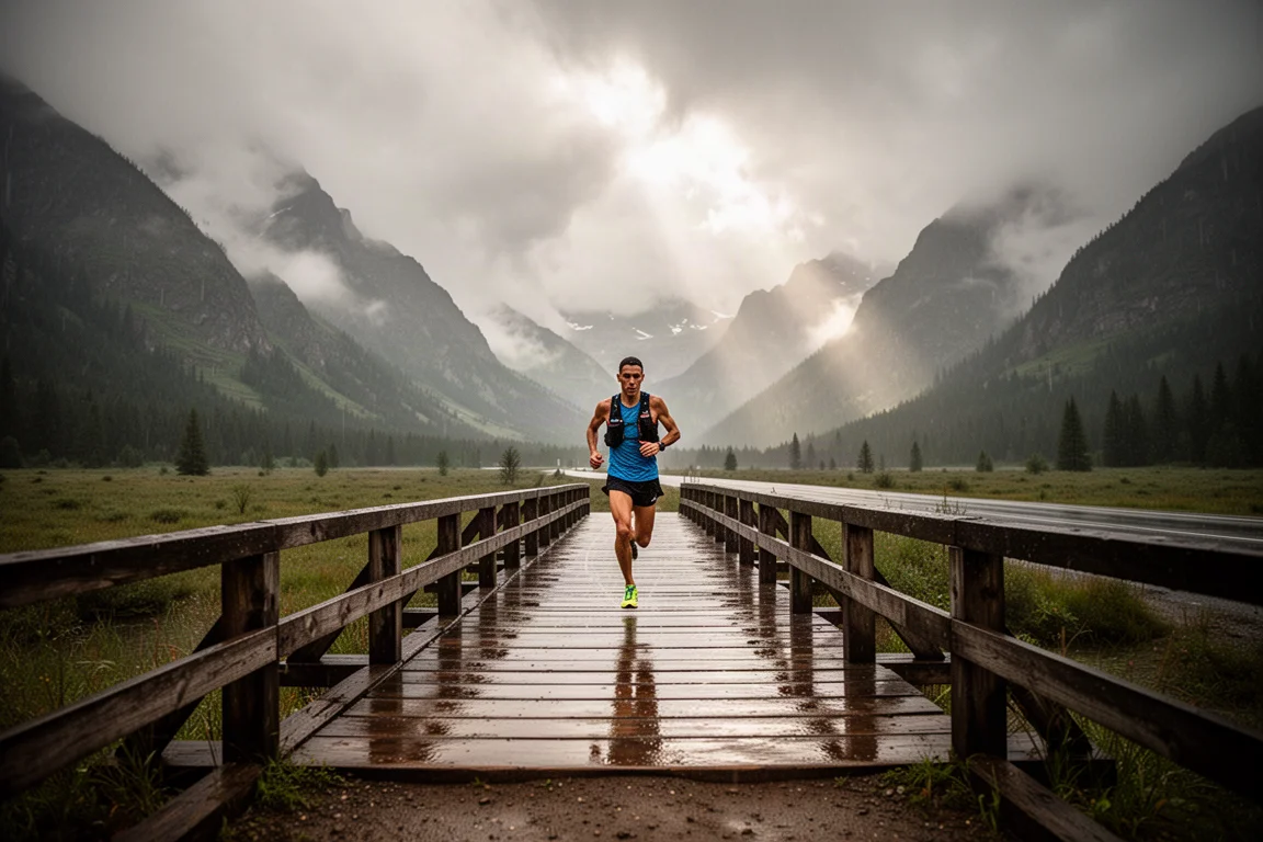 Runner crossing a wet wooden footbridge in mountain valley terrain after rain