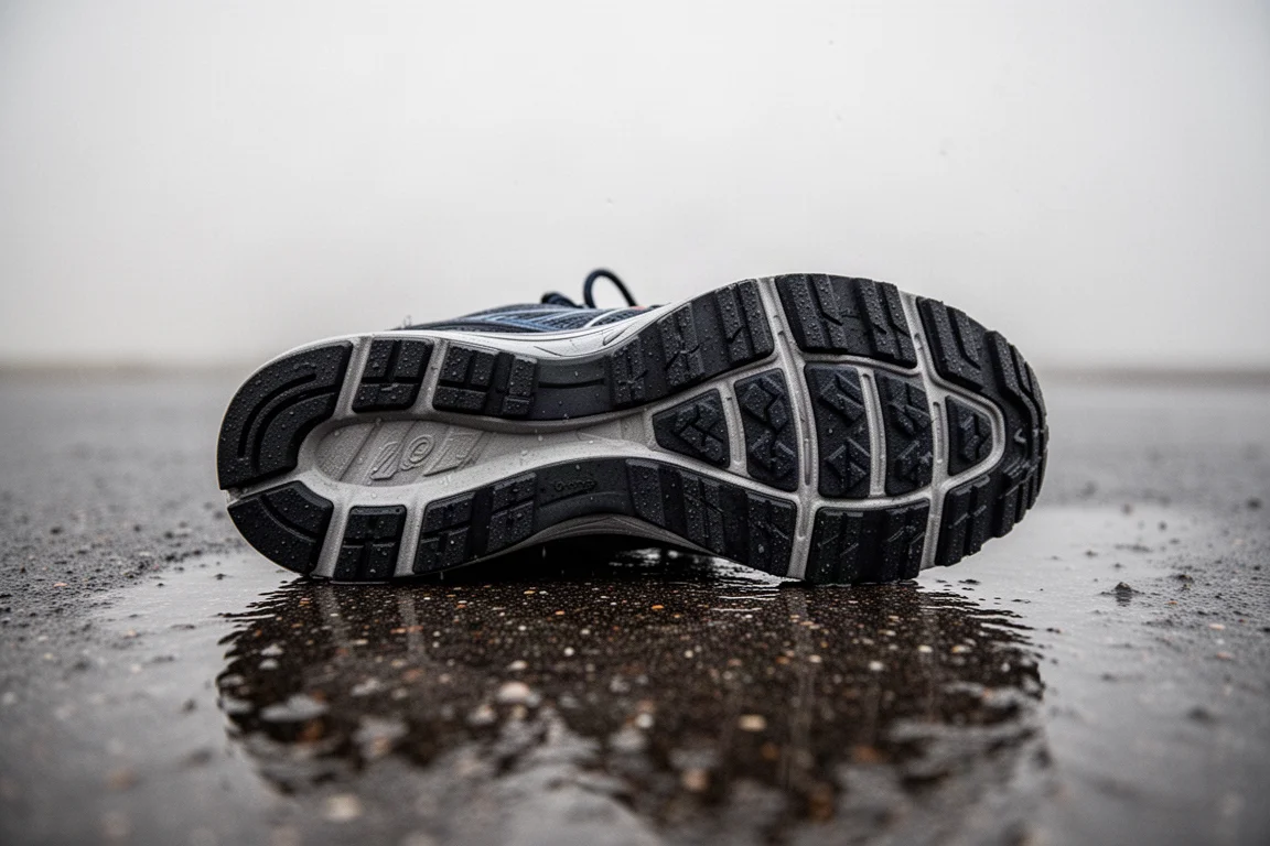 Vibram rubber outsole tread pattern of a road running shoe shown in close-up on wet pavement