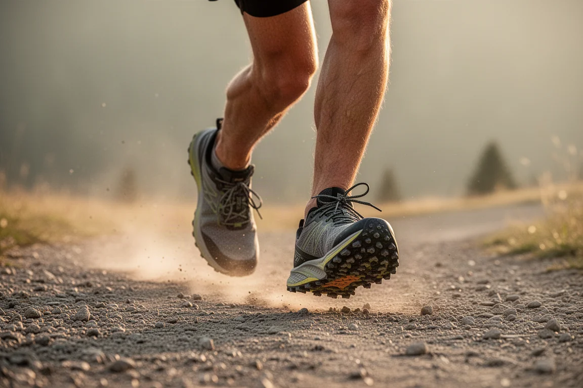 Voeten van een hardloper in lichte trailschoenen op een gravelweg bij een trailhead