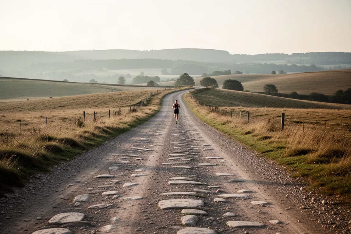 Brede gravel- en onverharde weg die kronkelt door open landschap