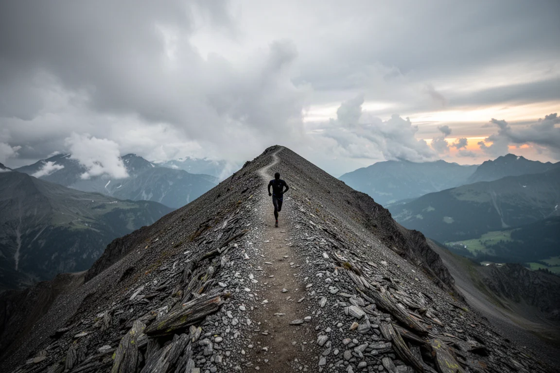 Alpine kamtrail met los rots materiaal onder een dramatische lucht