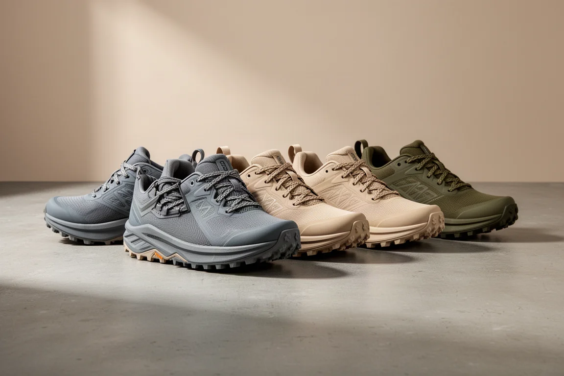 Six trail running shoes arranged in a staggered row on a concrete surface