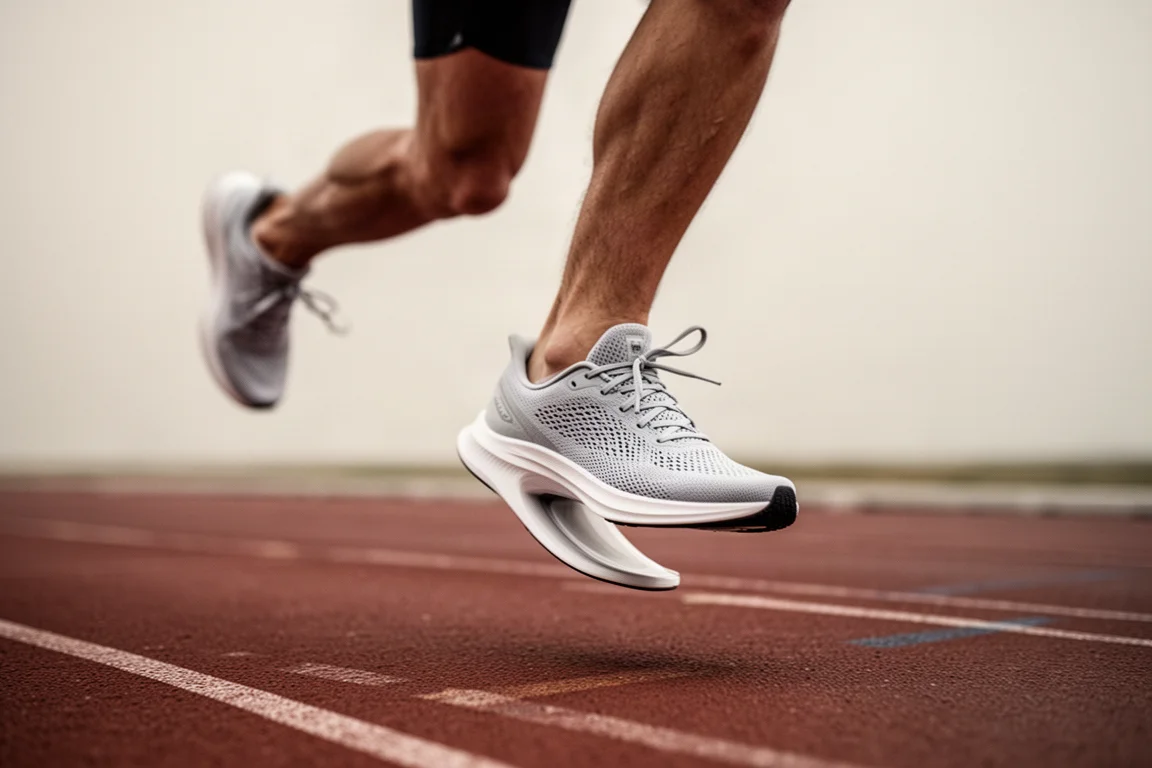 Profilo laterale di una scarpa da running con suola intermedia spessa e visibile curvatura a rocker su una pista