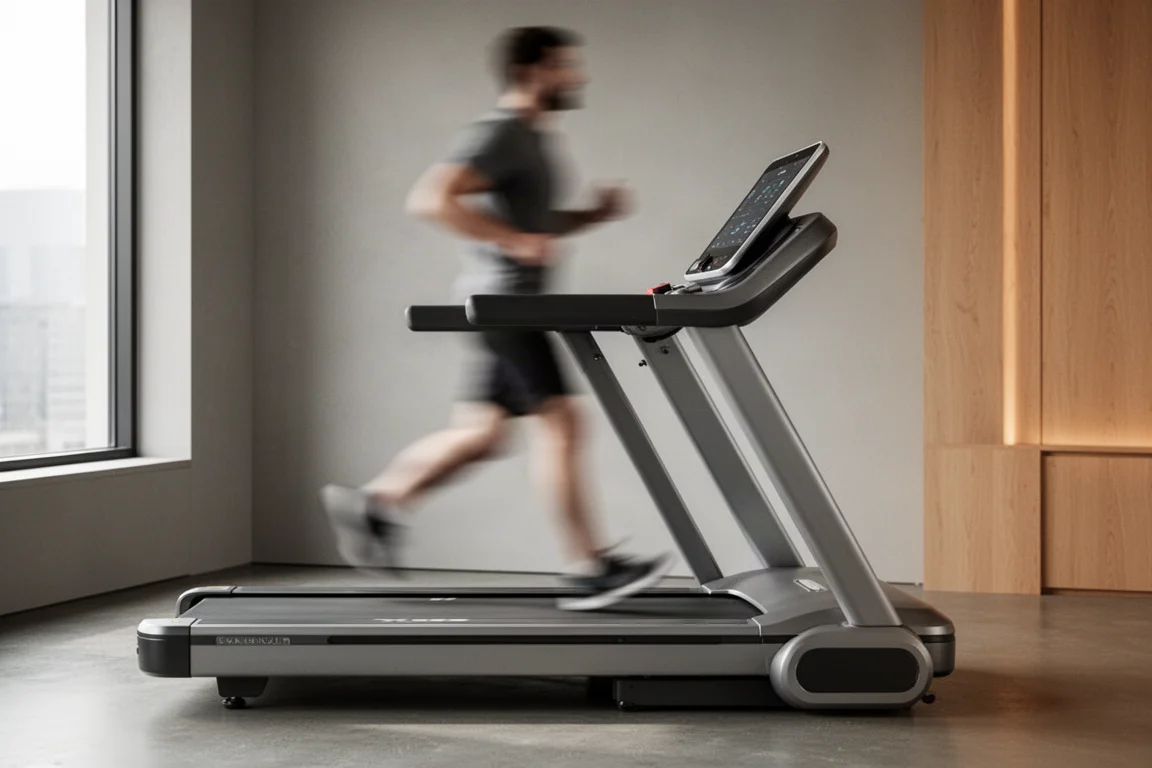 Bieżnia w cichym gimnastykumu o miękkim świetle podczas spokojnych 10 km