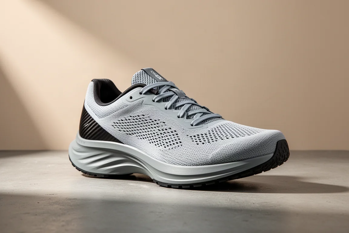 Scarpa da corsa con piastra in carbonio Altra Vanish Carbon 3 su una superficie in cemento in studio