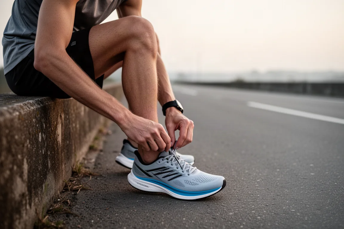 Runner picking up pace on an open road in soft morning light
