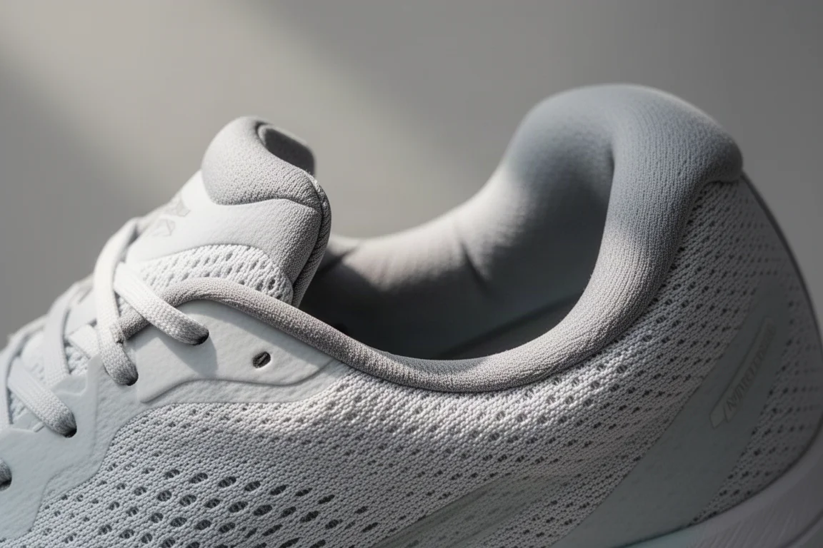 Close-up of thick white midsole foam on a running shoe