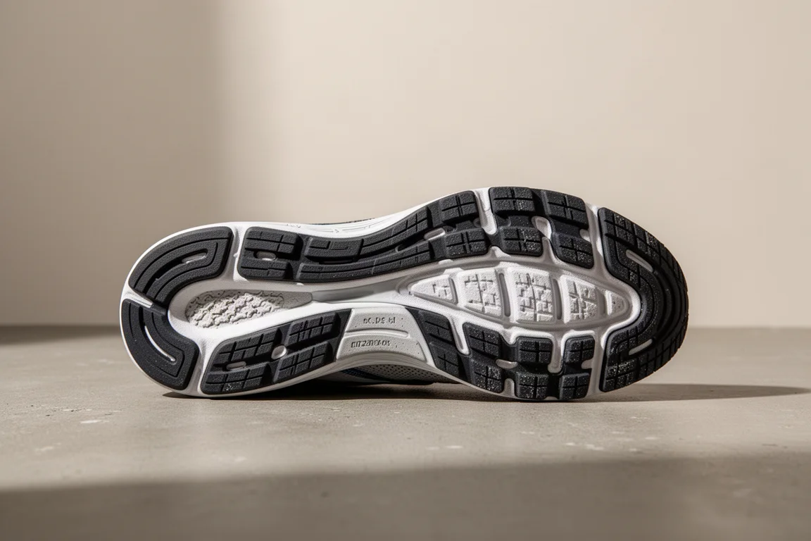 Flexible knit running shoe upper flexing under light pressure