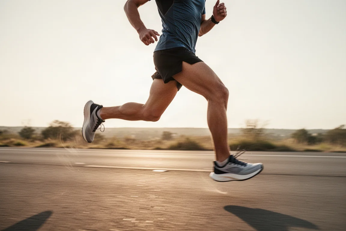 Runner stretching beside a running shoe on a quiet roadside