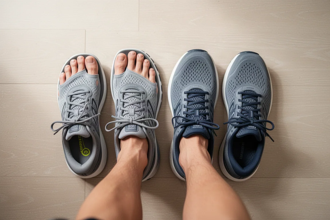 Twee paren voeten die schoenen passen met verschillende breedtes van de tenenbox