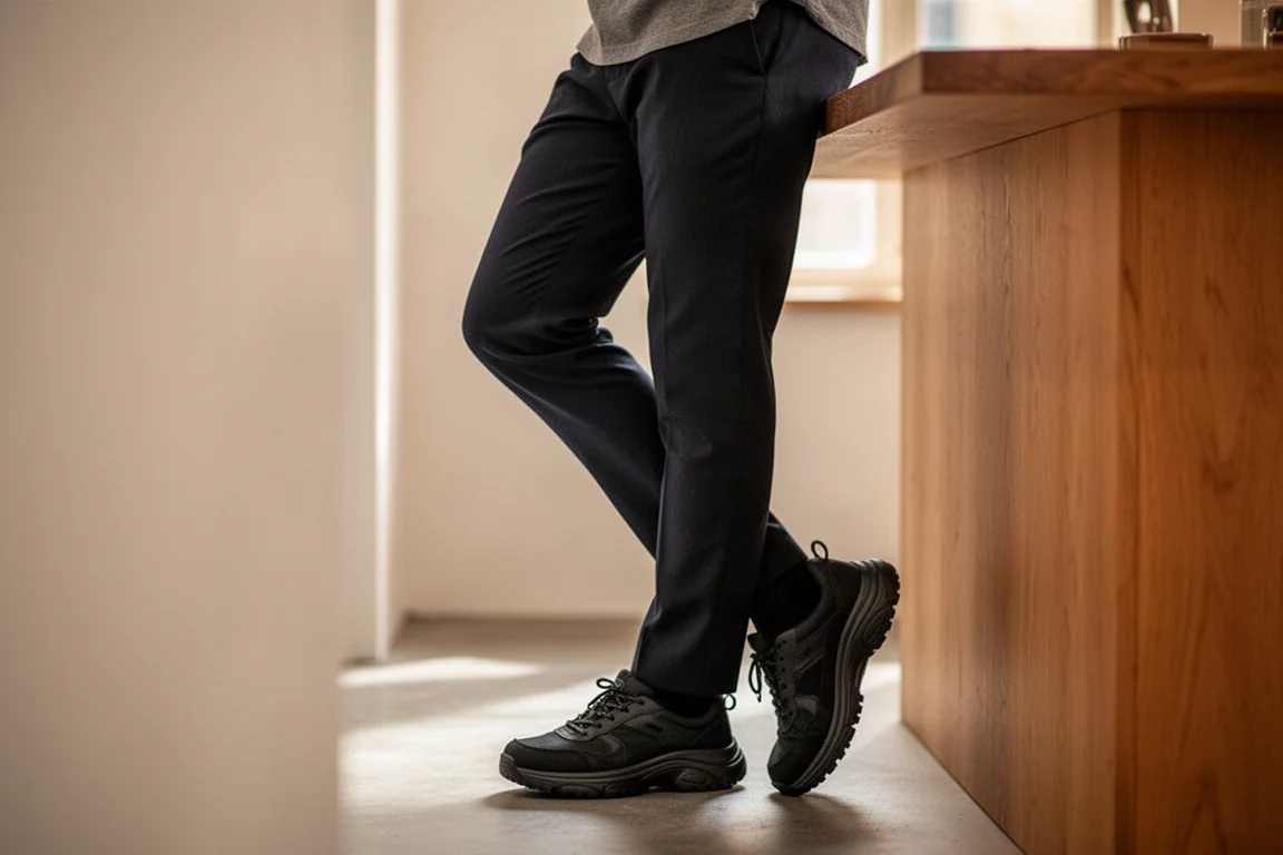 Persoon staand bij een balie tijdens een lange werkdienst