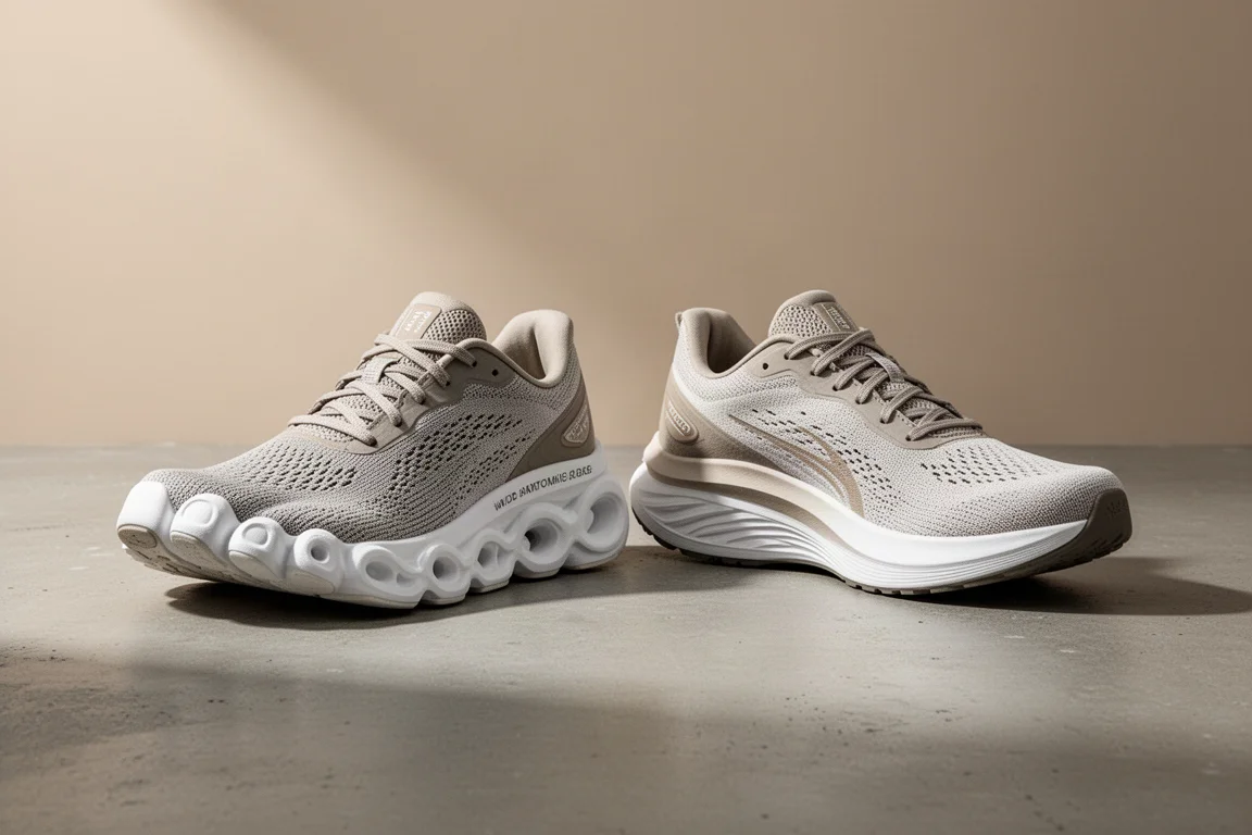Two maximal cushion running shoes side by side on a concrete surface