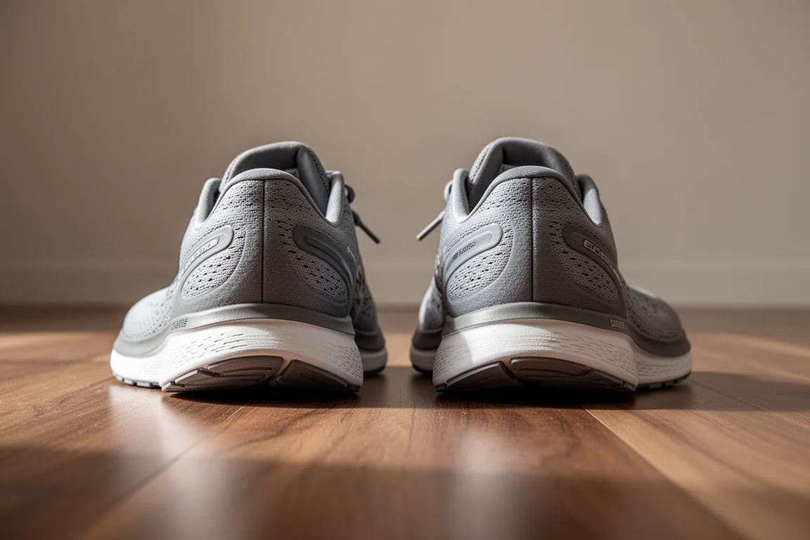 Paar zero-drop hardloopschoenen naast elkaar op een houten vloer