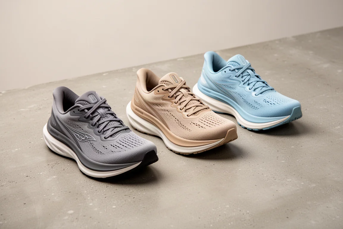 Drie hardloopschoenen op een rij op een neutrale studio-ondergrond