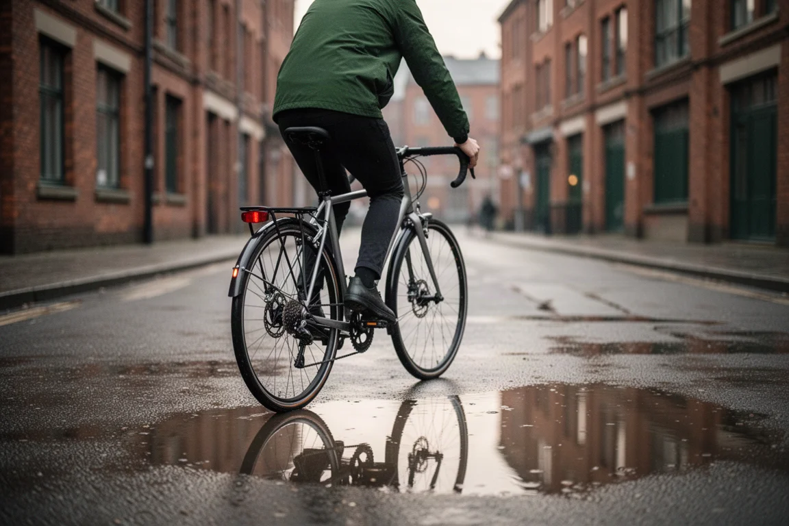 Pendler fährt mit einem Rennrad mit Schutzblechen durch eine nasse Stadtstraße