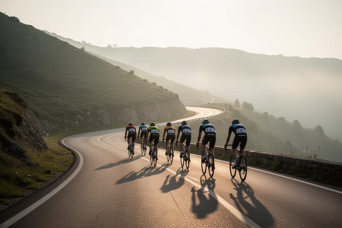 Gruppe von Rennradfahrern bei der Bergauffahrt auf einer kurvigen Bergstraße im weichen Morgenlicht