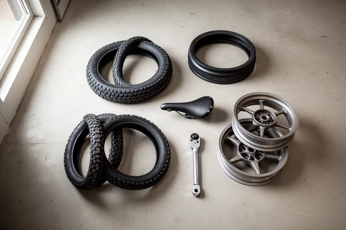Flatlay von Upgrade-Teilen für Rennräder auf einem Betonboden in der Werkstatt