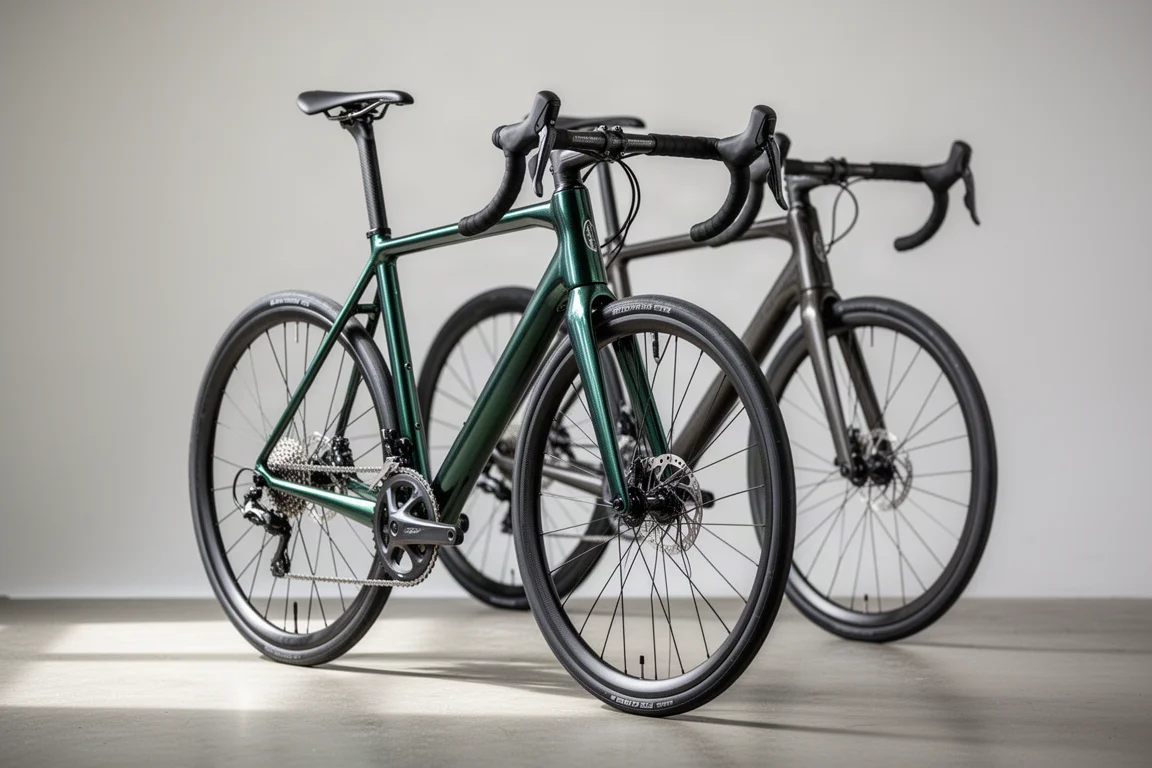 Two lightweight road racing bicycles, one aluminium and one carbon, side by side on a grey backdrop