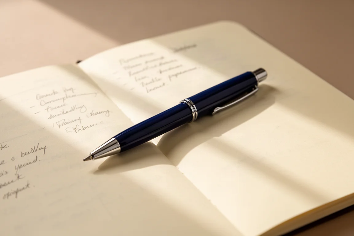 Glossy navy mechanical pencil resting on a notebook beside handwritten notes