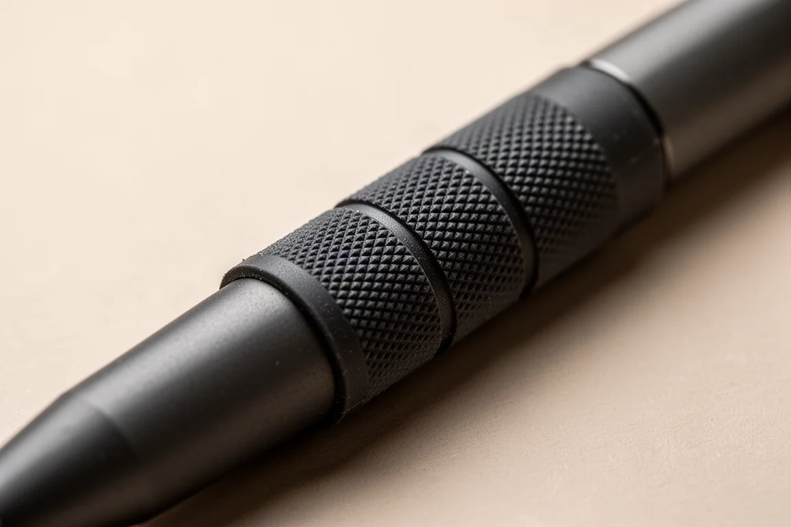 Close-up of a rubber grip with fine mesh grooves on a pencil barrel