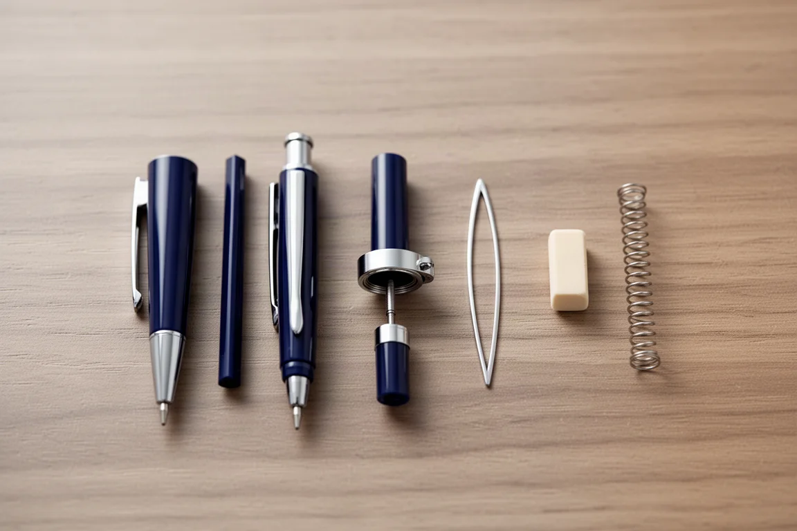 Disassembled mechanical pencil components laid out on a desk