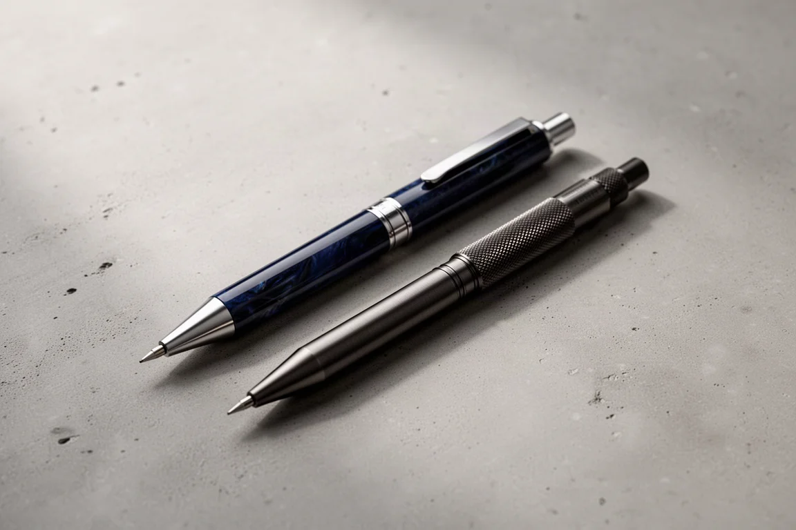 Two mechanical pencils side by side on a desk under soft light