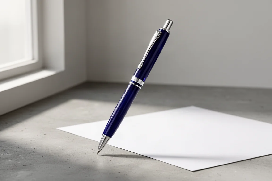 Glossy navy mechanical pencil with silver ring on a concrete surface beside paper