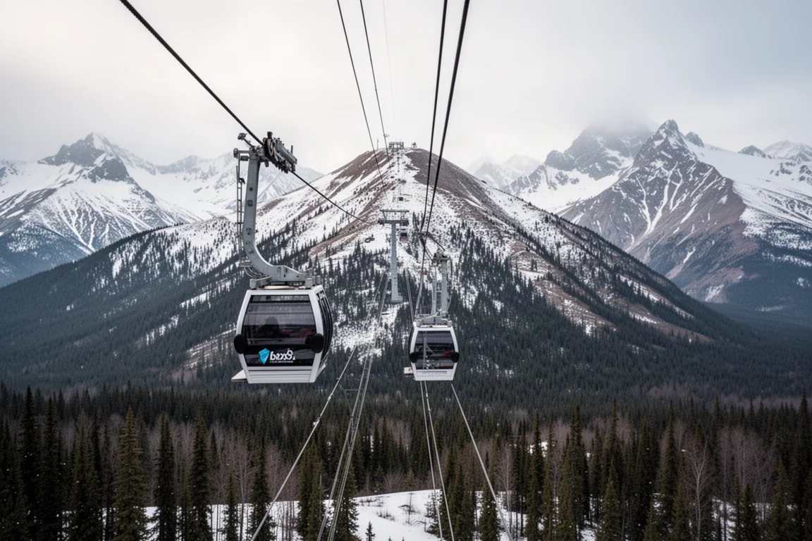 Aerial tramway cabin rising above a snowy Alaskan mountainside