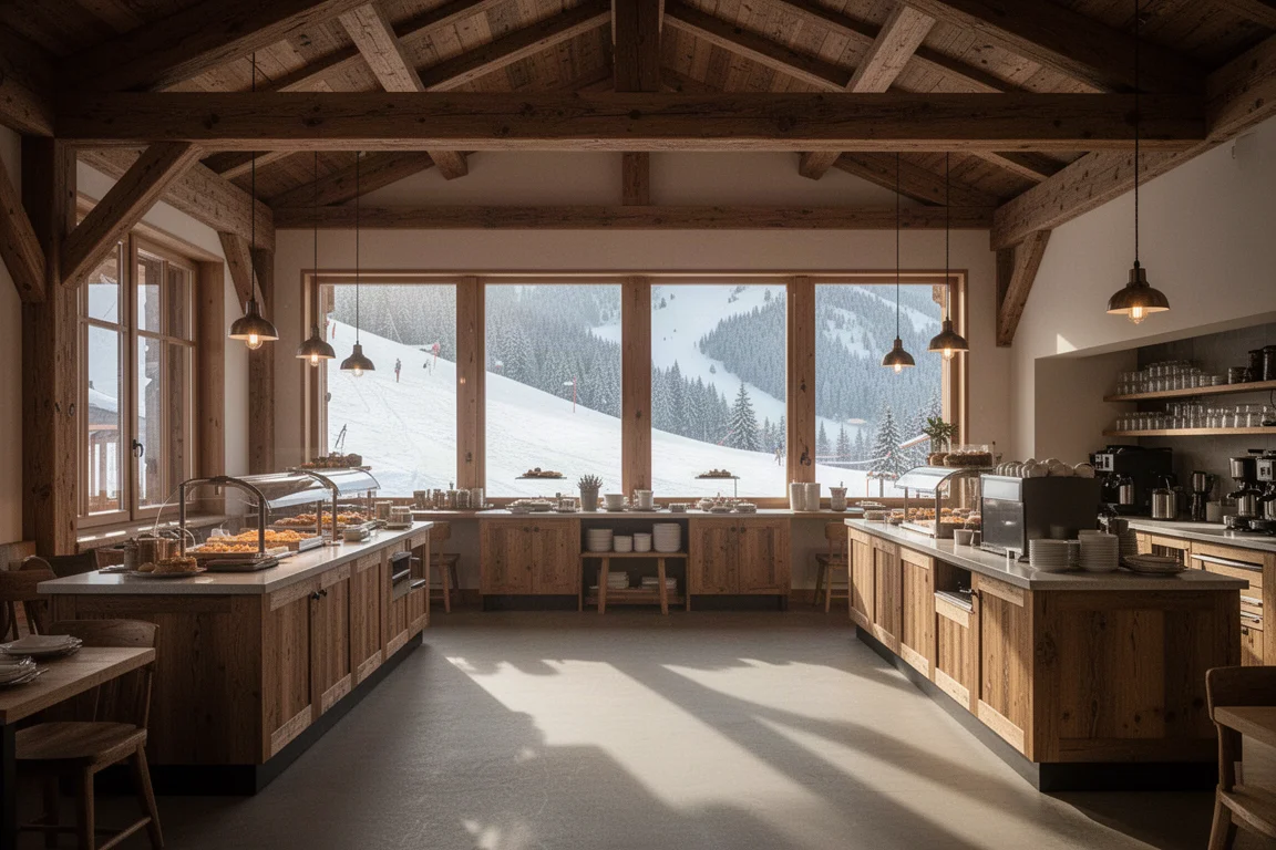 Lodge interior with cafeteria counters and mountain views through windows