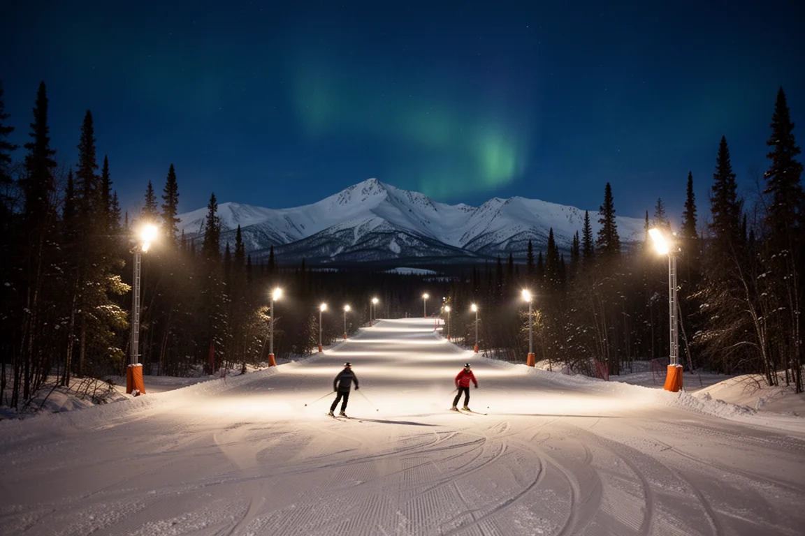 Floodlit night skiing run beneath a dark Alaskan sky