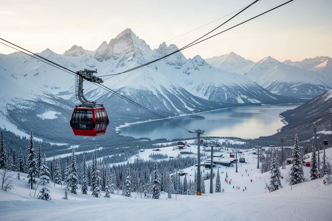 Aerial tramway rising above a snowy Alaskan ski resort with peaks and a coastal inlet