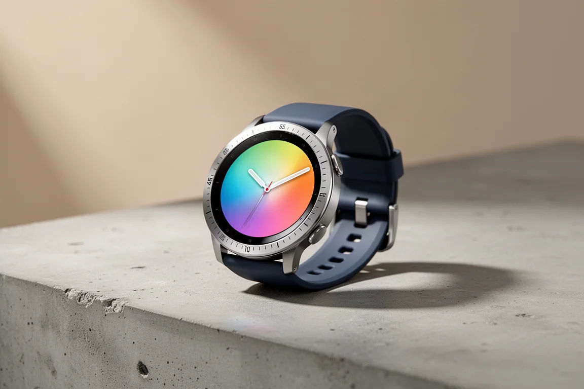 Amazfit Active 2 smartwatch with stainless steel bezel on a concrete surface