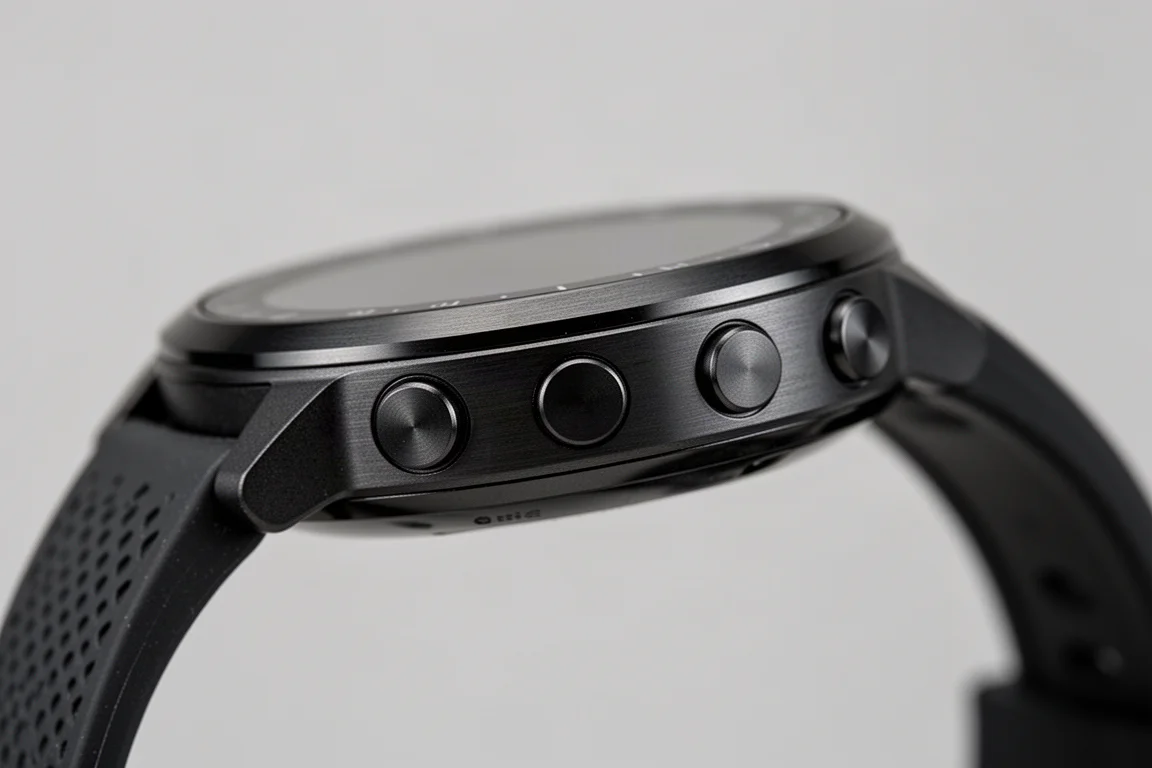 Nahaufnahme einer Lauf-Smartwatch mit vier physischen Tasten an der Gehäuseseite