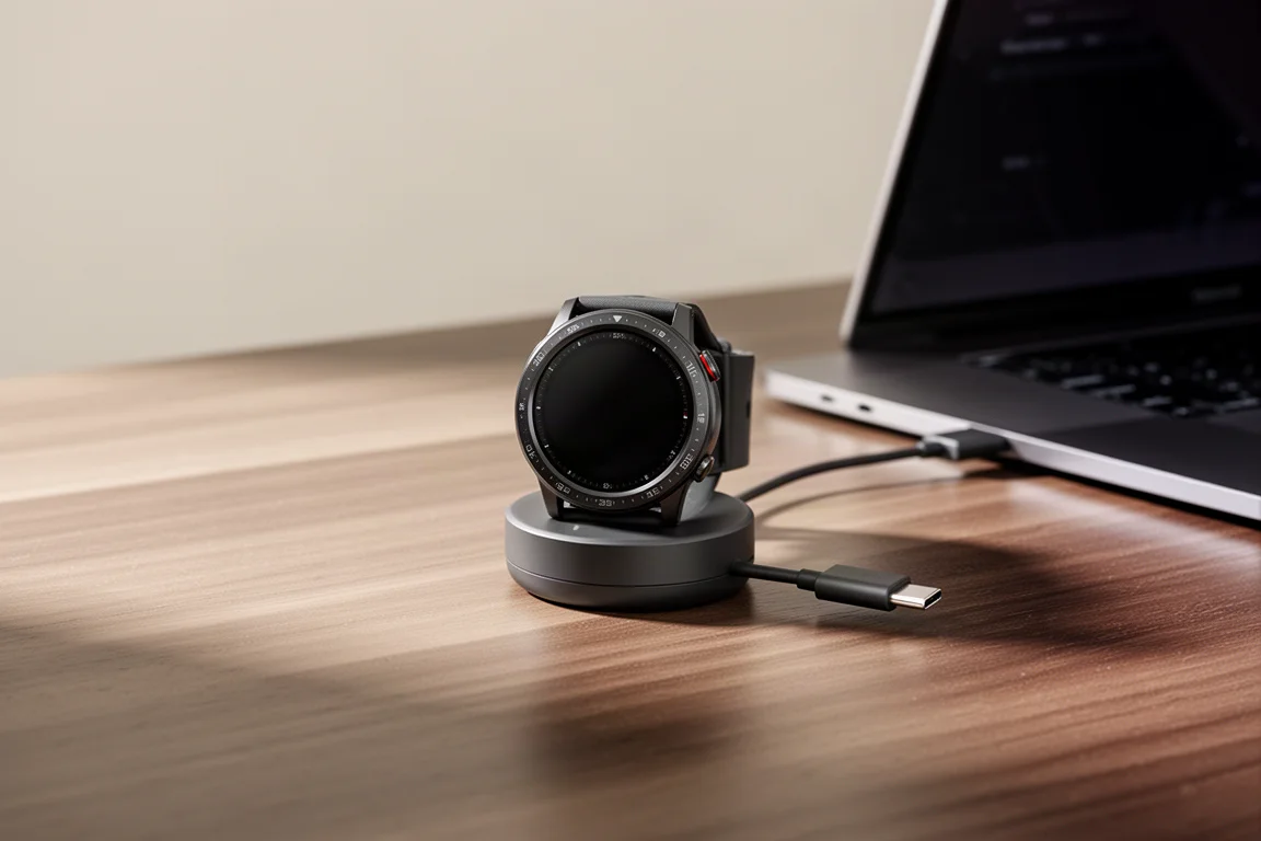 Smartwatch lädt an einer USB-C-betriebenen proprietären Dockingstation auf einem Schreibtisch