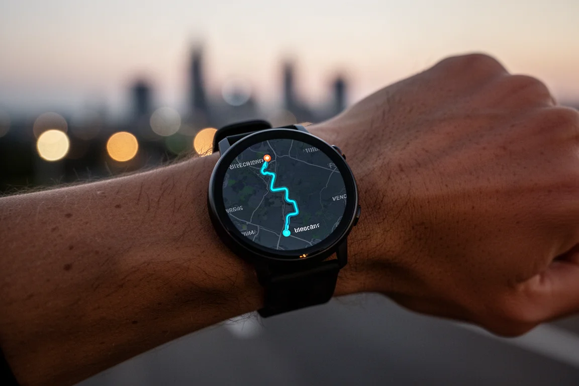 Läufer verfolgt eine Route auf kostenlosen Offline-Karten beim Lauf am Abend