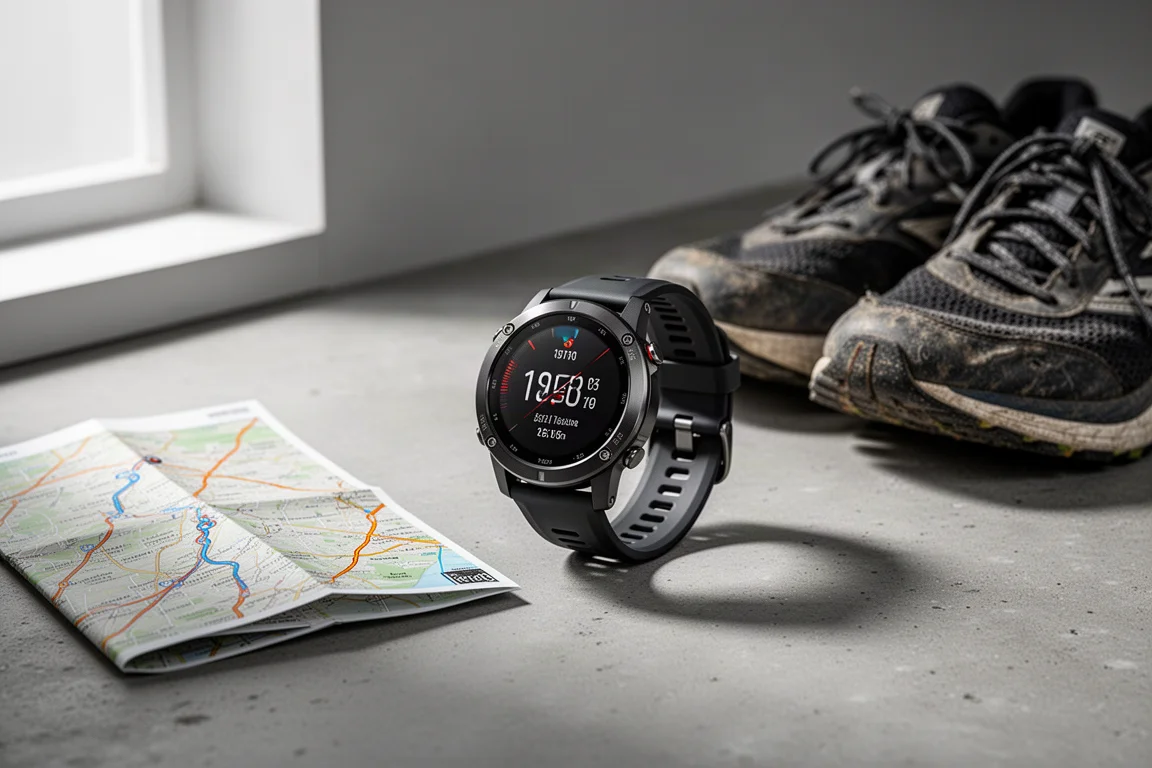 Amazfit Active 3 Premium 跑步智慧手錶放在水泥地上，旁邊有跑鞋與地圖