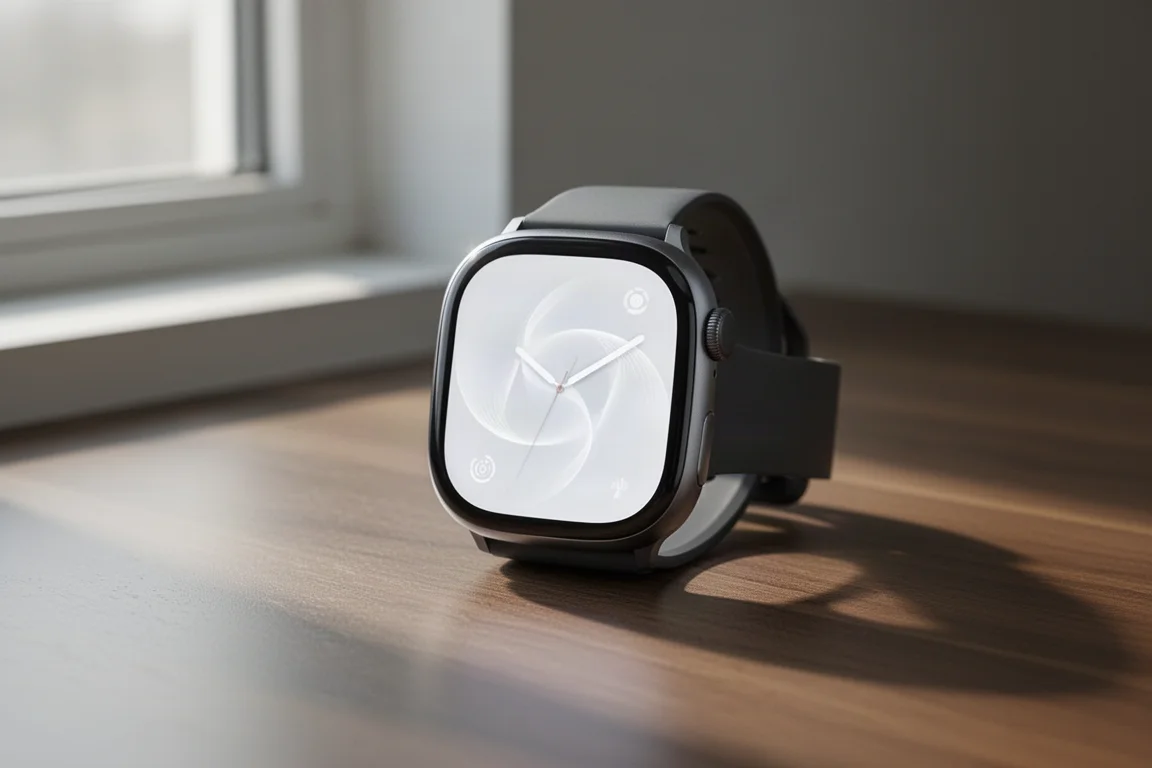 Grand écran de montre connectée lumineux posé sur un bureau en bois à la lumière naturelle