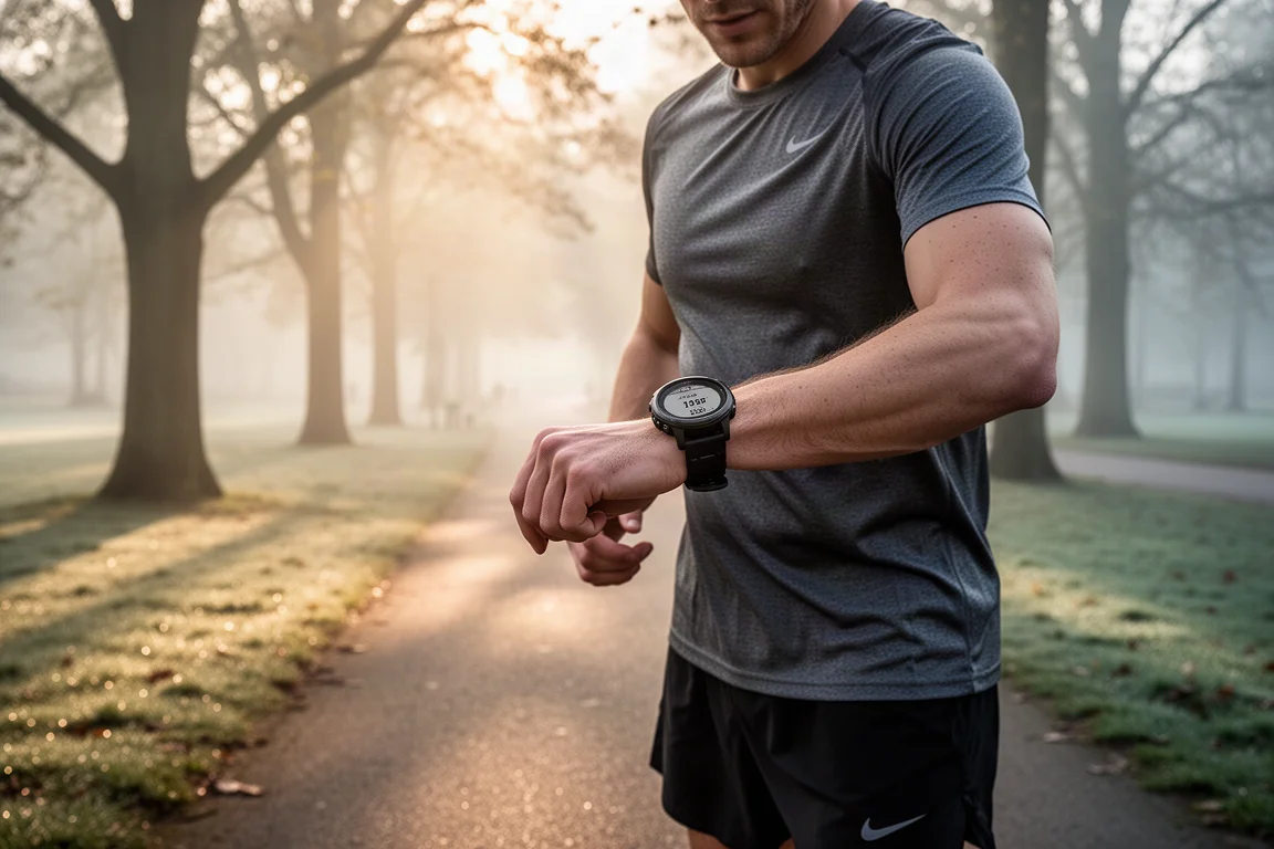 Coureur consultant sa montre GPS sur un sentier calme d'un parc tôt le matin