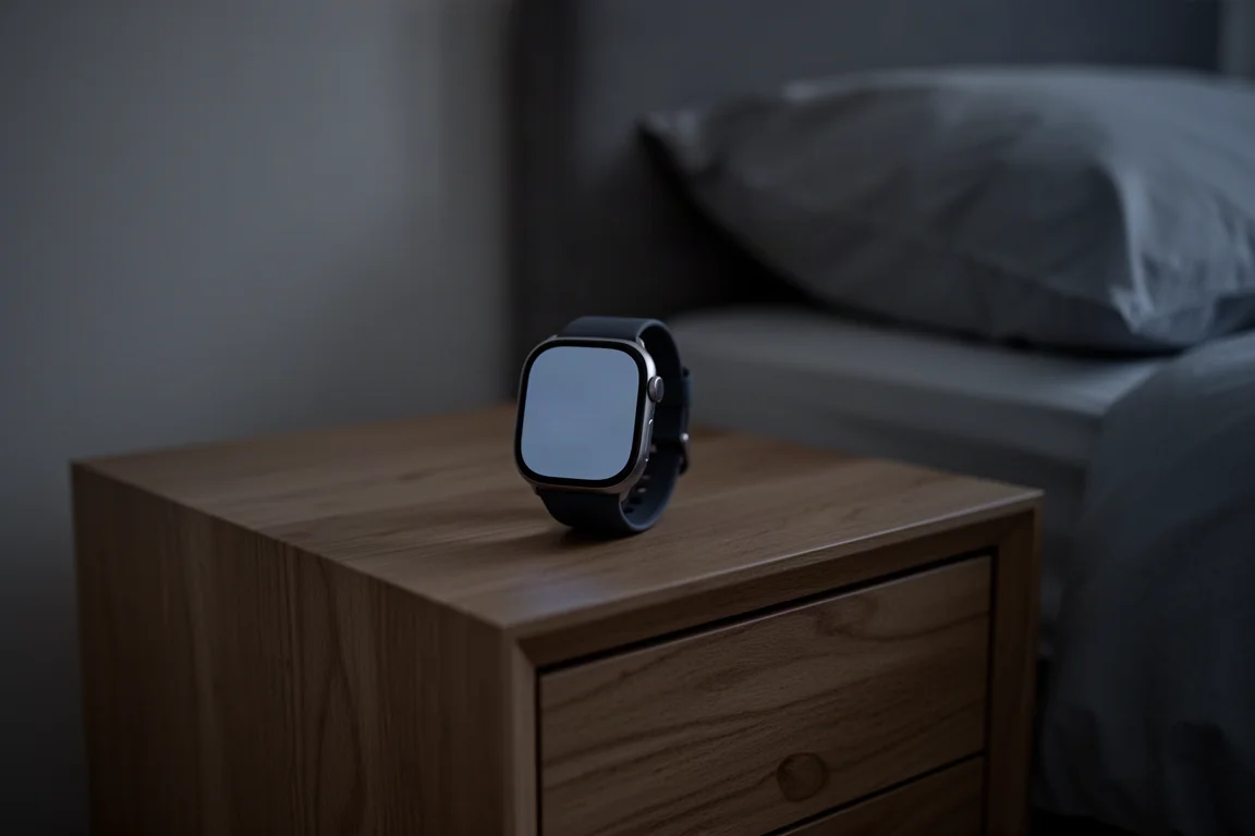 Montre connectée sur une table de chevet avec écran atténué dans une chambre sombre